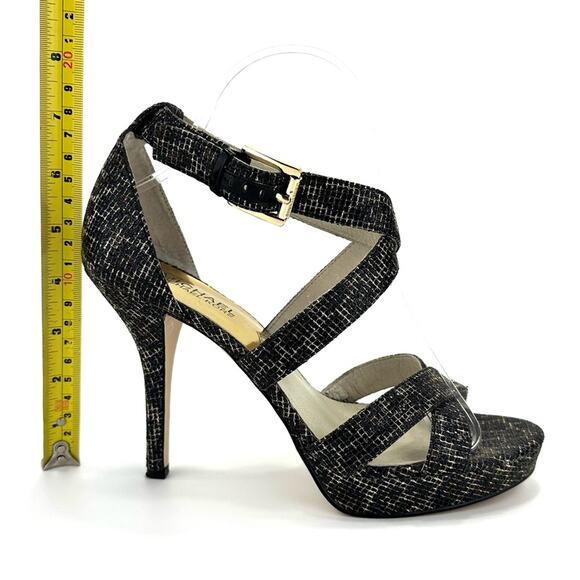 Michael Kors Evie Stiletto Heel Sandal Sz 8.5 Black/Gold Platform Spark Glitter - Picture 8 of 16
